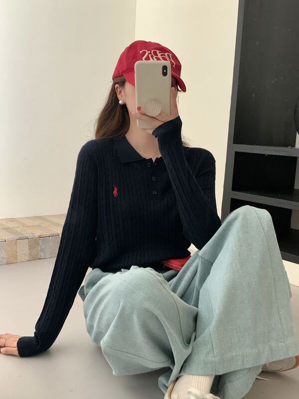 polo领小马女士麻花翻领长袖针织衫秋新款上衣刺绣绞花毛衫t恤潮|undefined