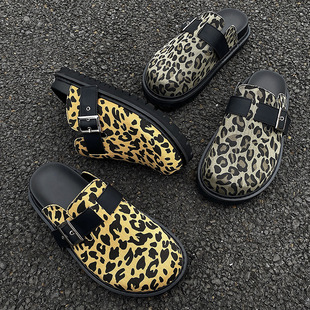 2025 Summer Thick-Soled Leopard Print Baotou Birkenstock Shoes Men's Half Slippers Old Money Style Outerwear Retro Slip-On Mule Shoes