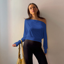 欧美跨境女装2025秋季ins新款时尚纯色斜肩长袖缩褶露脐上衣T恤女