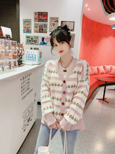 實拍韓國代購氣質花邊迷人條紋小花朵時尚秋季毛針織開衫上衣女