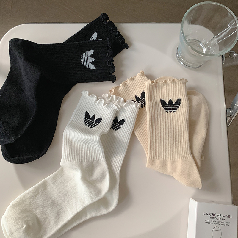 Wooden ear socks Women's Spring and Autumn Mid-calf length socks ins popular Net red cotton autumn and winter lucky grass pile stockings