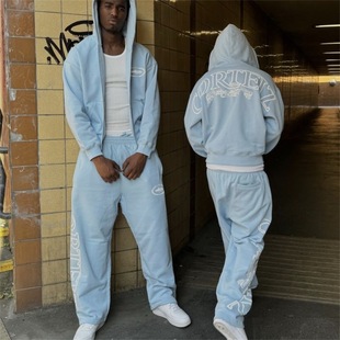 Croteiz High Street Printed Casual Sports Suit for Men and Women, American-Style Cardigan Sweatshirt, Loose Sweatpants
