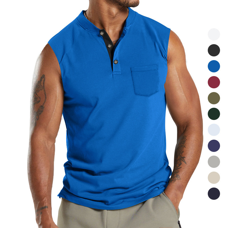 2024 Summer New Kam Shoulder Large Men's Short Sleeve Button Pocket Sleeveless T-shirt_voghion.com