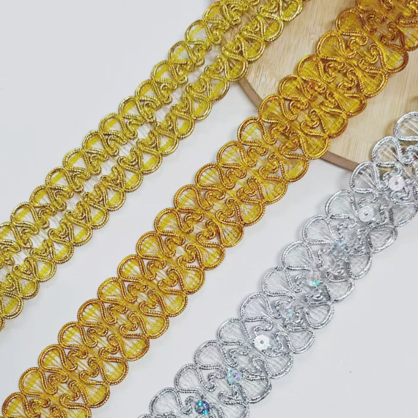 3,5 cm de ancho de oro y plata, mariposa, encaje ondulado, correas de doble oreja, lentejuelas, encaje étnico, accesorios de ropa, decoración