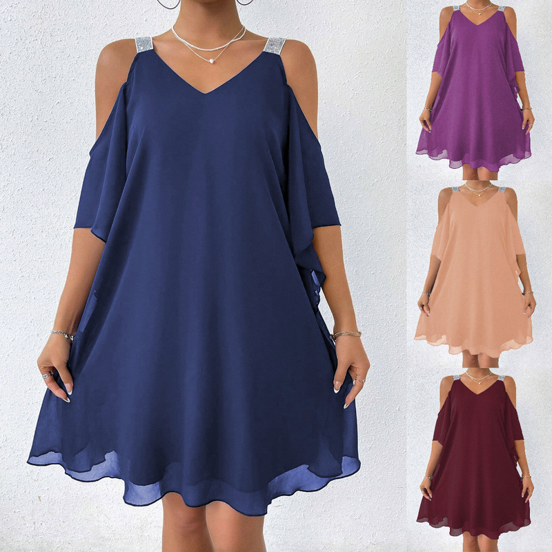 Real Shot in stock Foreign Trade Cross-border Summer Women's Shoulder Chiffon Solid Color V-neck Elegant European and American dress