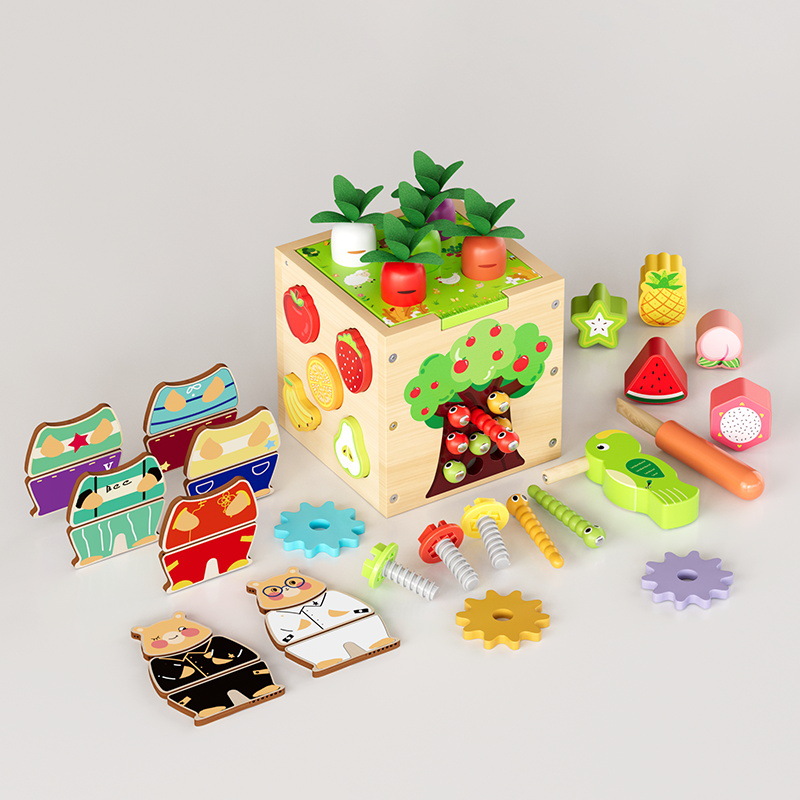 Cpc Educación temprana de madera para niños Caja del tesoro de hexaedro multifuncional Sacar rábanos y atrapar insectos Forma de juguete educativo a juego