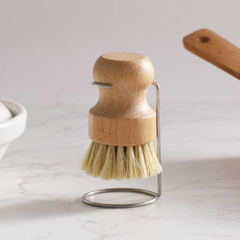 Natural Solid Wood Cleaning Short-Handled Coconut Palm Sisal Household Kitchen Dishwashing Pot Brush Drainable Pot Washing Tool