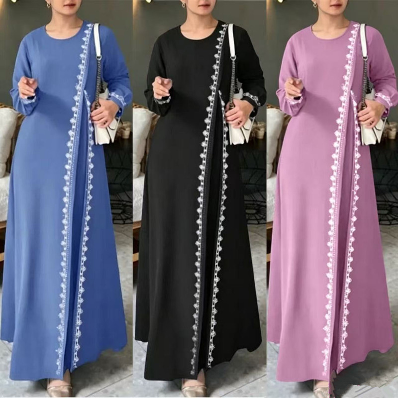 In stock H726 New Fashionable Elegant Solid Color Casual Comfortable Loose Long Sleeve Lace Robe Dress