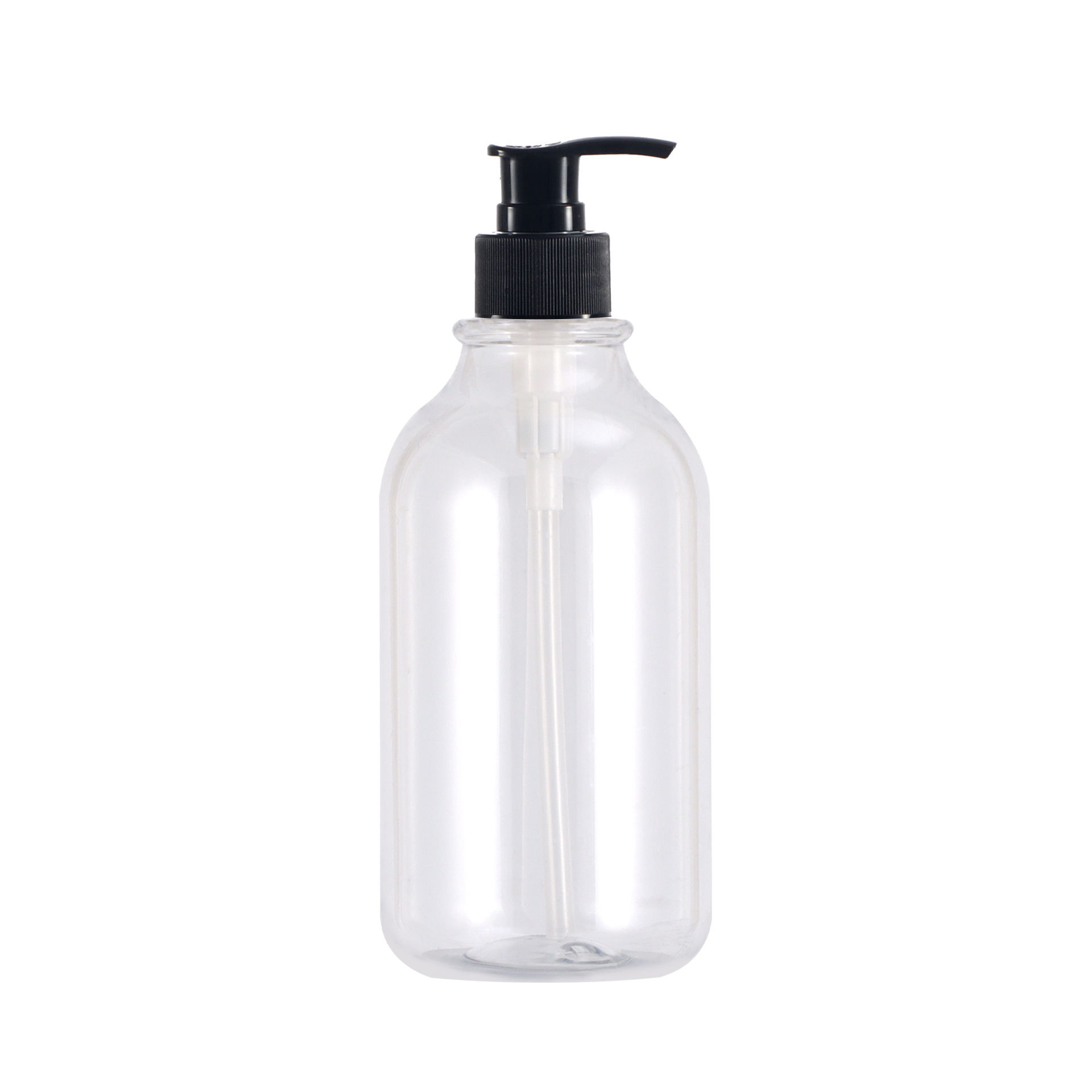 Botella de loción corporal de 300 ml en stock con hombros redondeados, botella dispensadora de plástico tipo pulsador para loción, botella de champú de PET de 500 ml.