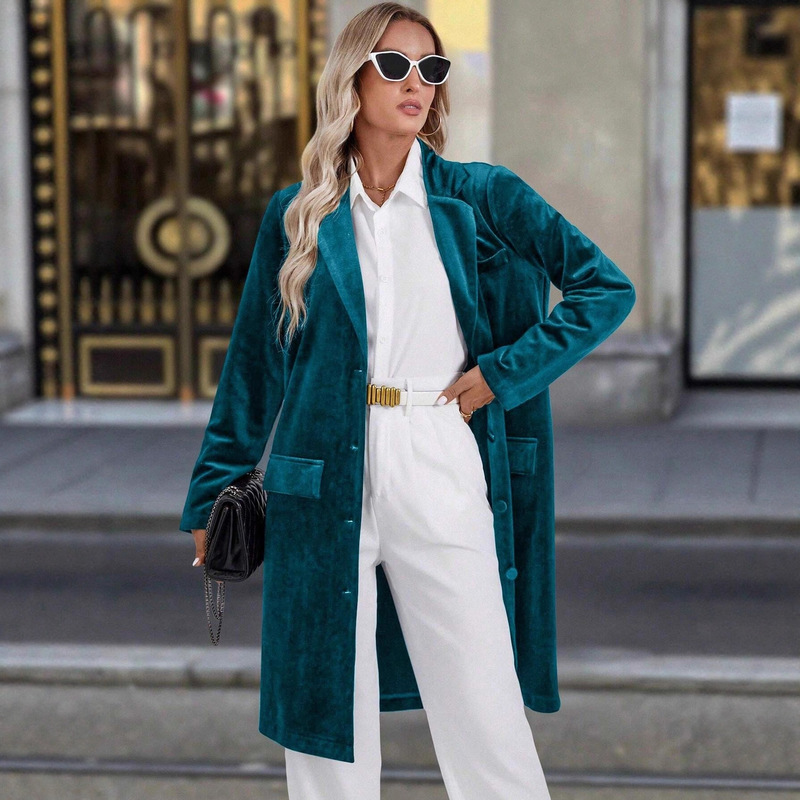 Cross-Border New Loose Velvet Windbreaker Jacket European and American Lapel Long-Sleeved Casual Single-Breasted Long Suit Coat for Women
