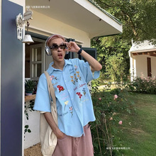 格休闲衬衣华夫慵懒风短袖衬衫男彩色女夏季复古刺绣花卉美式宽松