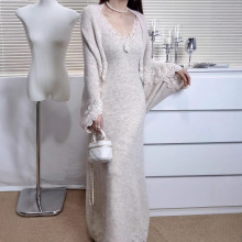 2025秋冬新款拼接蕾丝毛衣外套针织连衣裙两件套气质温柔风套装女