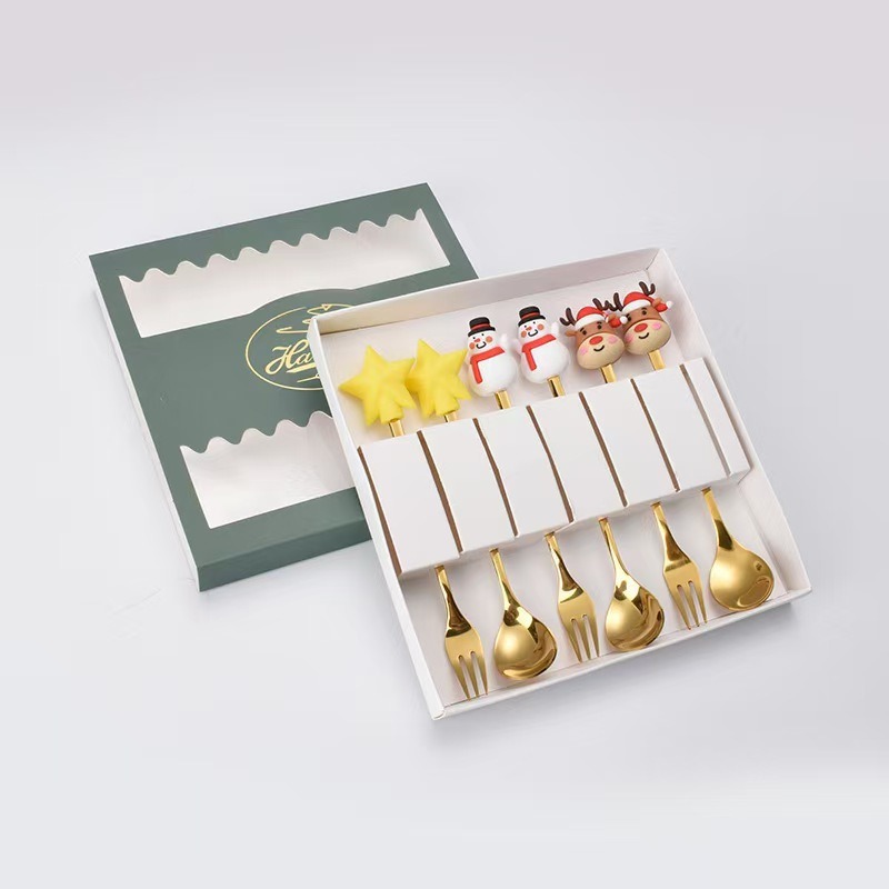 Cucharas de acero inoxidable transfronterizas muñecas de Papá Noel cubiertos cajas de regalo caseras de café mezclador cucharas de postre horquilla de frutas