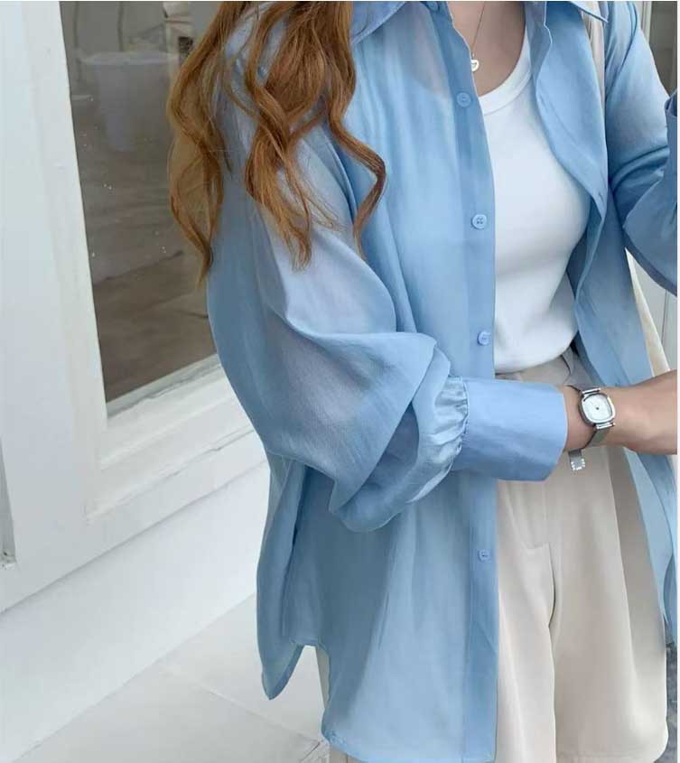 Áo sơ mi nữ dài tay Tencel phong cách Hàn Quốc rộng rãi mỏng nhẹ chống nắng — Màu xanh lam, Màu tím, Màu hồng, Màu trắng chi tiết 4