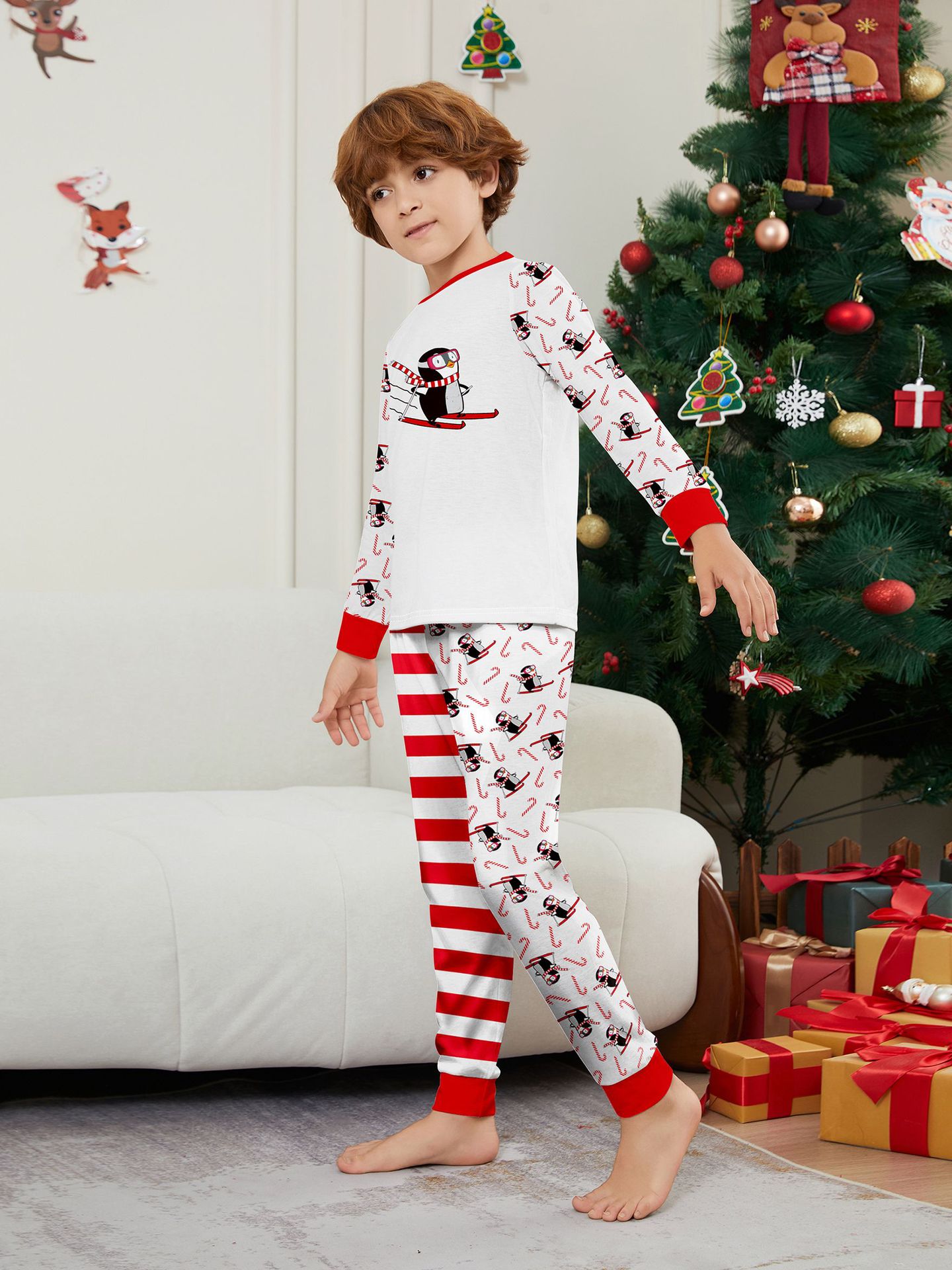 Kerst Pinguïn Candy Cane gestreepte Kerst Familie pak bedrukte homewear pyjama_voghion.com