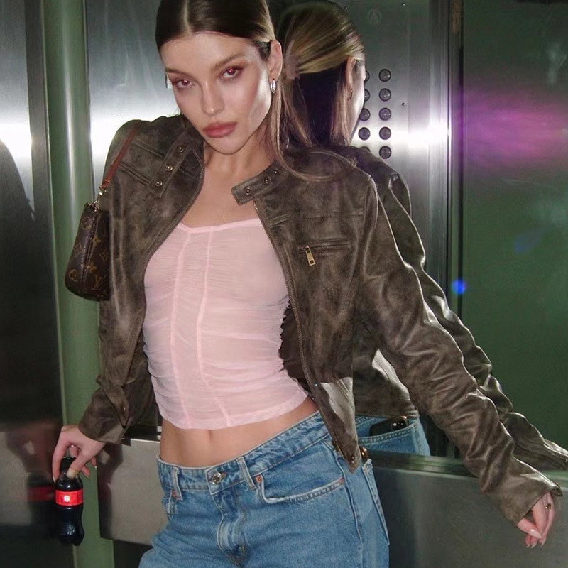 American Retro Distressed Coffee-Colored Short Jacket 2026 Spring New Style Versatile Stand-Collar Top for Women