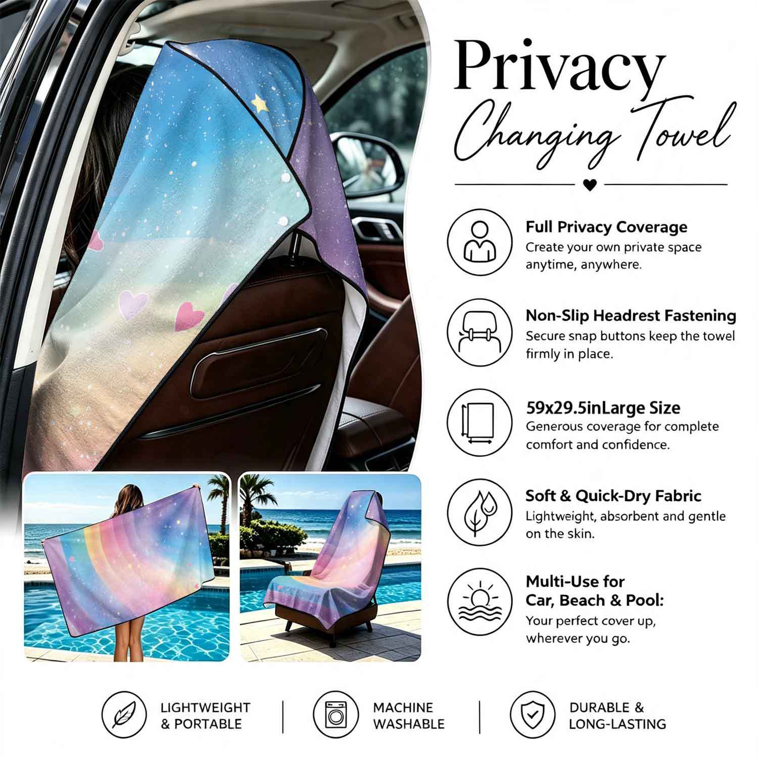 Printed bath towel and car seat cover 2-in-1, ultra-fine fiber outdoor beach and car dual-use universal seat cushion