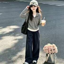 女童条纹卫衣套装秋装2026新款儿童春秋季韩系穿搭初中生女孩大童