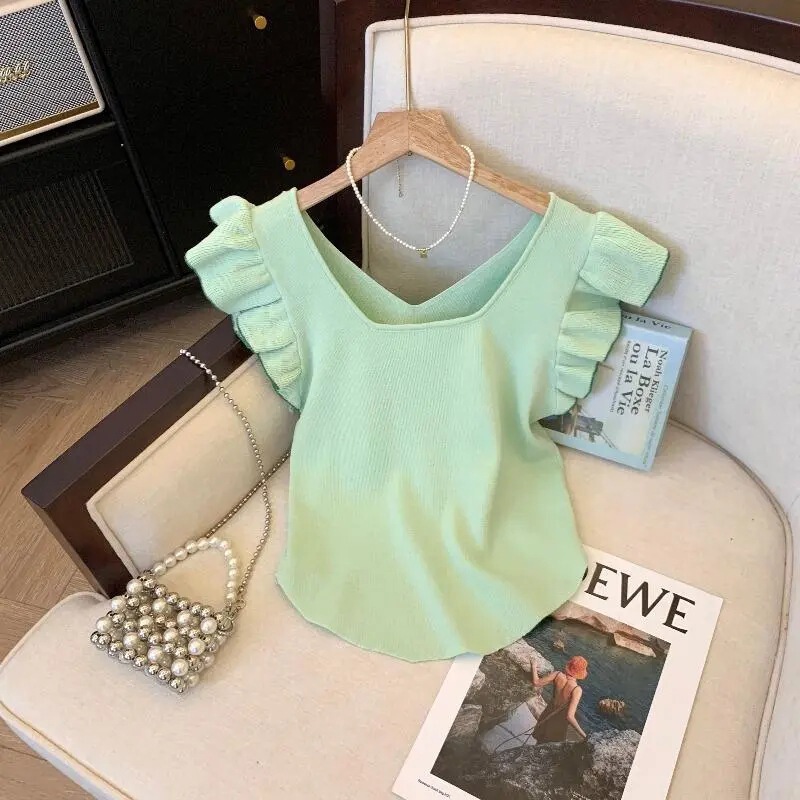 Sweet and Spicy Girl Style Drawstring Short Knit Top for Women, Summer French Fresh Square Neck Lace Sleeve Short Chic Blouse