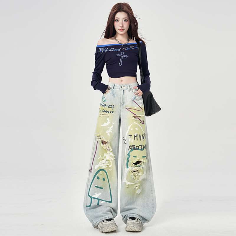 In-Stock Batch Printed Heavy Craft Wide-Leg Pants Women's Straight-Leg Pants Retro Style Jeans Women