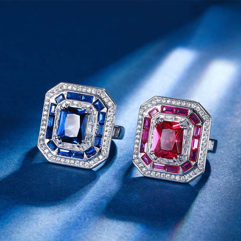 Otoño e Invierno nuevo estilo Zhuang Sheng joyería cobre inferior chapado en oro simulación rojo corindón azul señaló cristal moda anillo cuadrado femenino 8*10