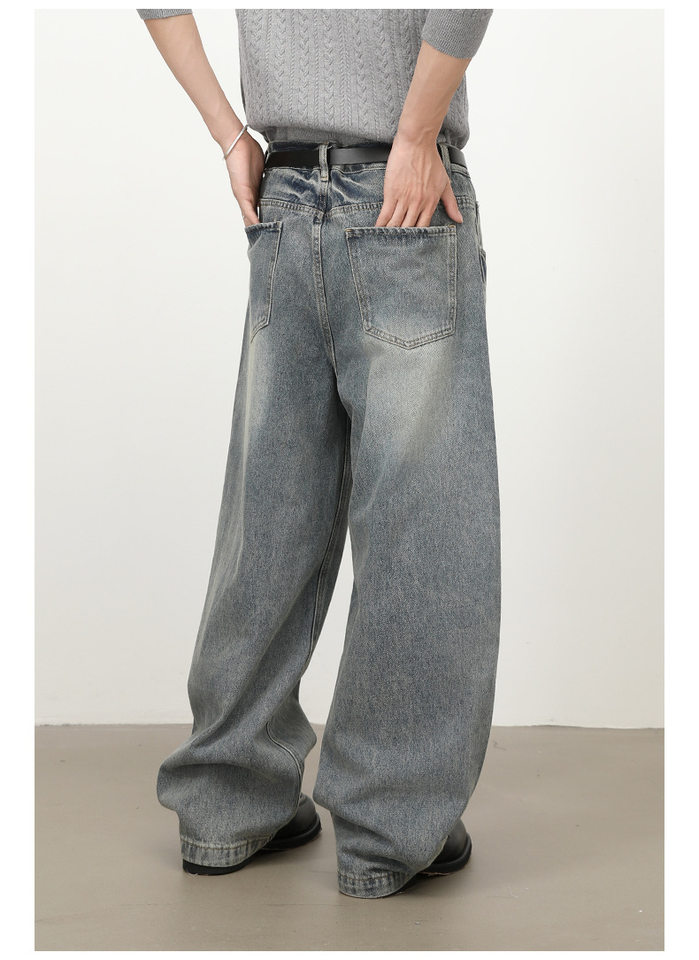 Quần jean nam ống rộng lưng giữa, dáng suông thẳng, denim mềm phong cách retro — màu xanh chi tiết 7