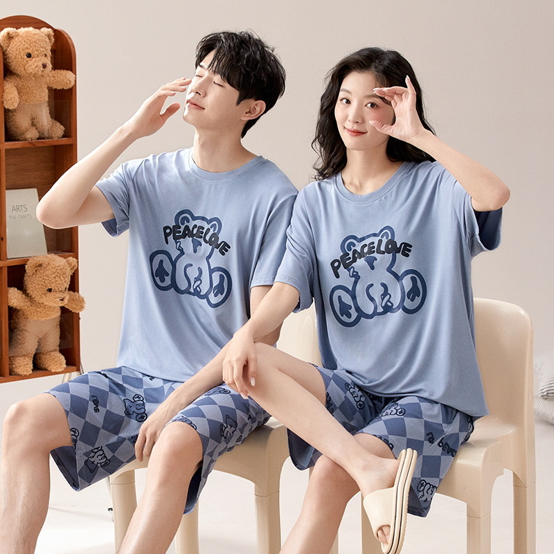 Con almohadilla para el pecho 2024 pijamas de verano pareja modal manga corta conjunto de dos piezas primavera y verano color sólido hombres homewear suave