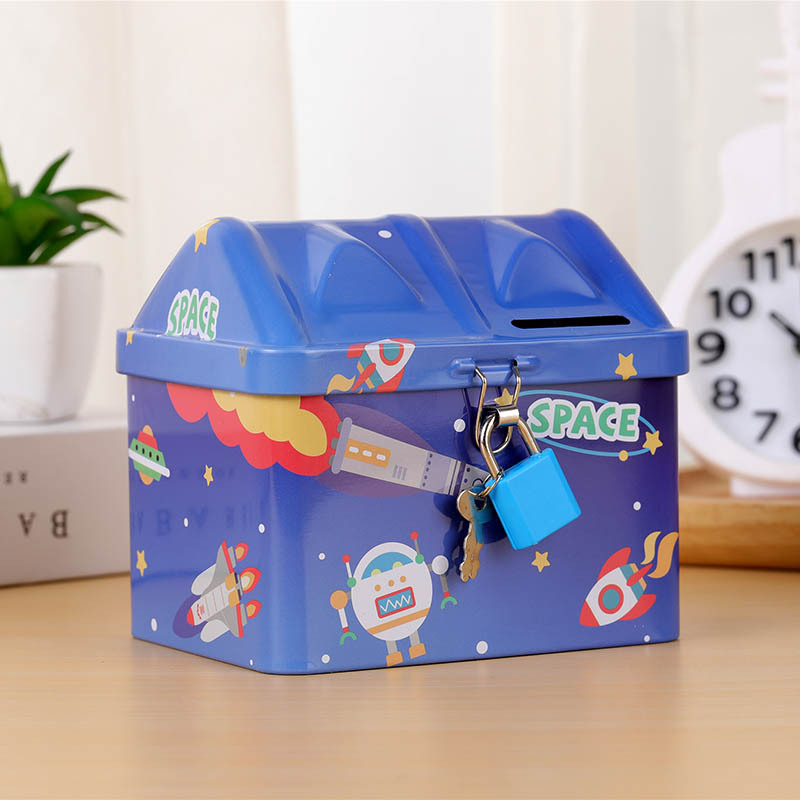 新款太空宇航员储蓄罐动漫罐儿童卡通存钱房子铁皮带锁生日小礼物