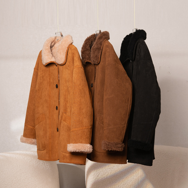 Korean Style 100% Sheep Fur Reversible Suede Loose Sheepskin Outwear Fur Outwear for Women Winter