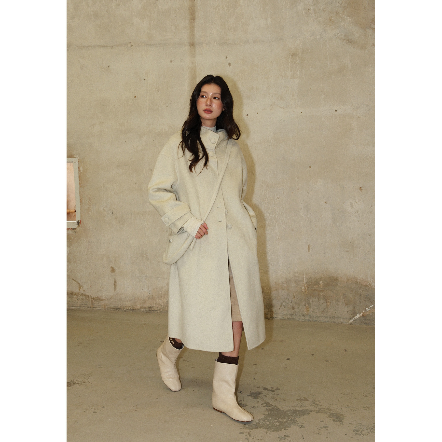 Neihe Long Woolen Double-Sided Wool Cashmere Outwear with Bag for Women Winter New High-End Sense 257379