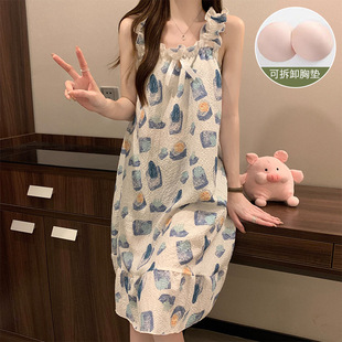 New Style Nightgown with Breast Pads, Summer Women's Suspender Thin Cartoon Sweet Dress, Bubble Cotton Home Wear, Mid-length