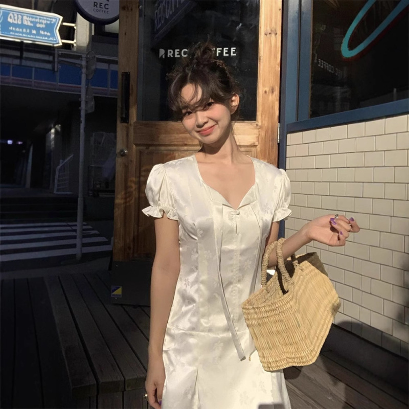 in stock White Jacquard Short Sleeve dress Women 2025 Xia Dong Gate Casual Skirt overduefla * r