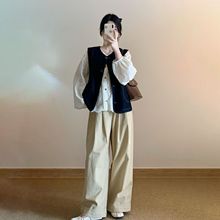 韩系复古早秋穿搭一整套牛仔马甲背心女+绣花衬衫+垂直宽松感裤子