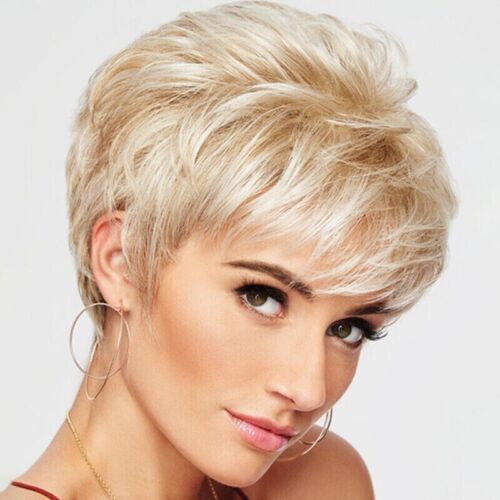 Synthetic Wig women's fluffy short straight hair golden color gradient adjustable slanted wig headband_voghion.com