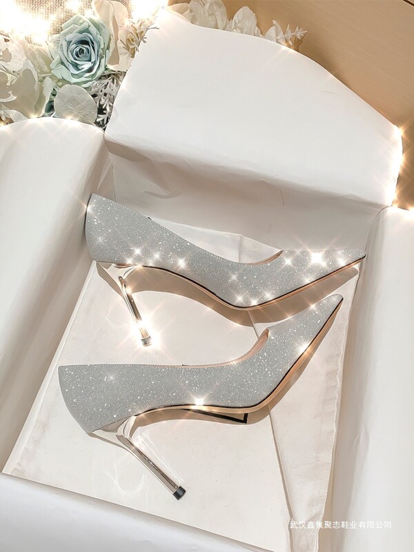 Banquet Dress Silver High Heels Women's Stiletto New Crystal Bridal Shoes Wedding Wedding Dress Wedding Engagement Beautiful Wedding Shoes