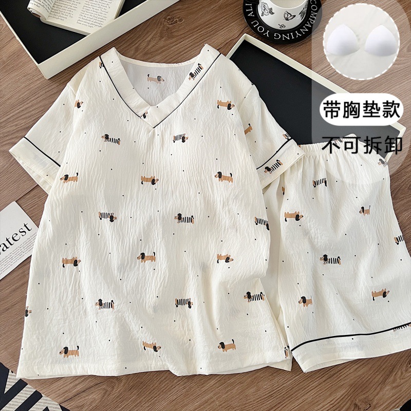 Pajamas with Breast Pads for Women Summer Cloud Cotton Short-Sleeved Shorts 2025 New Ins Girls V Neck Home Wear Set