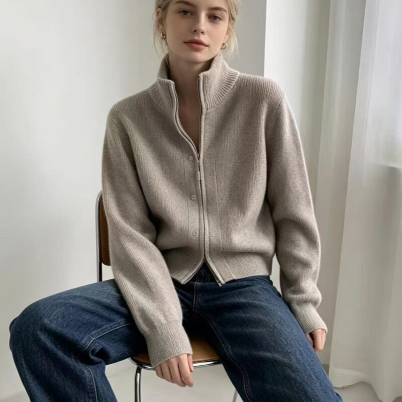 Stand Collar Zipper Knit Cardigan for Women, 2026 Autumn and Winter New Style, Casual Outerwear, Loose Fit, Slimming, Elegant Sweater