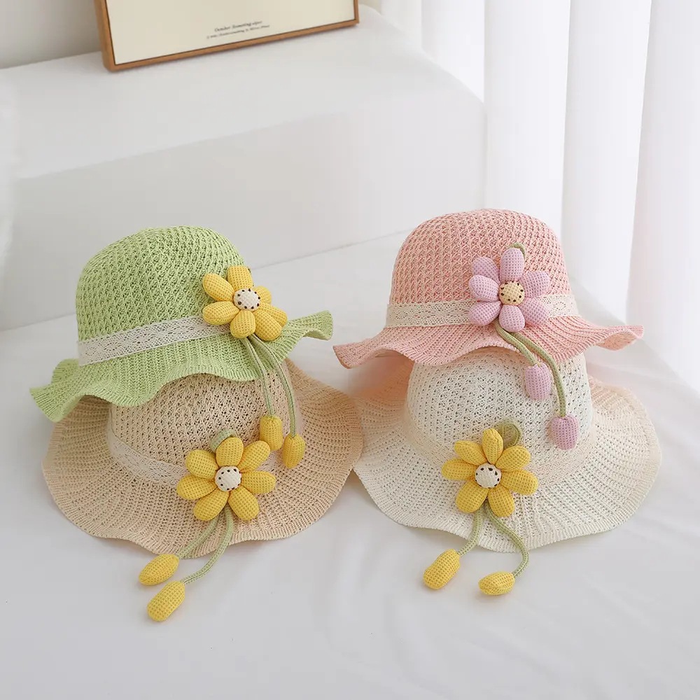 Sombrero de paja para niños, niños y niñas, sombrilla, sombrero de pescador, viento de princesa de verano, sombrero de sol, sombrero de paja de playa con lazo de flores