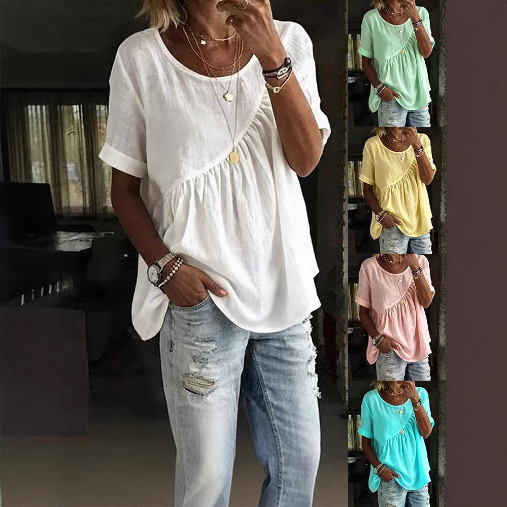 Women's Solid Color Ruffle Detail Short Sleeve T-Shirt round Neck Blouse Casual Outfit with Shirring_ecoleips.com