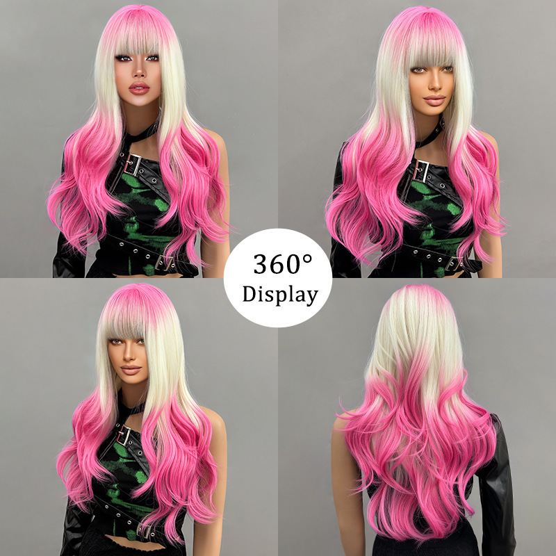 Curly Layered Wig Full Length Cosplay Style Gradient Beige Pink Wig For Women With Bangs Synthetic Hair Extensions_voghion.com