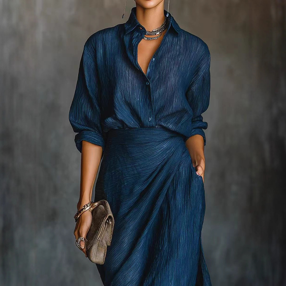 Women's Clothing Style Women's Dress Elegant Temperament Sexy Solid Color Pleated Belt Autumn For Formal & Casual For Women_ecoleips.com