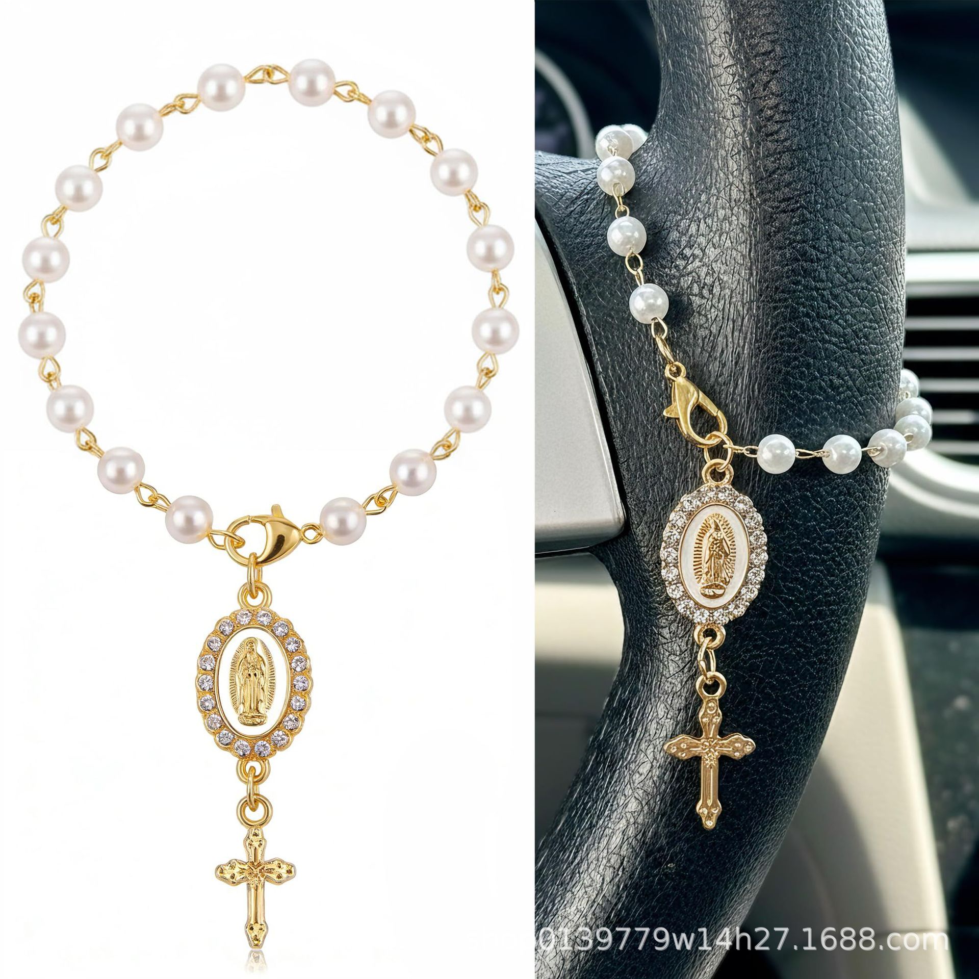 Cross-Border Hot-Selling Imitation Pearl Heart-Shaped Virgin Mary Rhinestone Cross Heart-Shaped Handmade Curved Needle Steering Wheel Rearview Mirror Prayer Beads