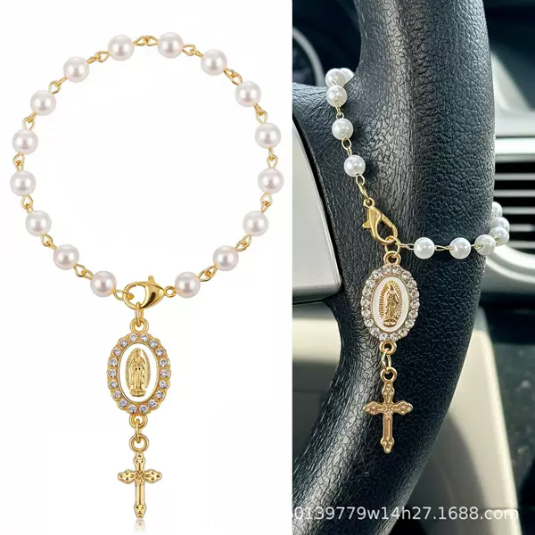 Cross-Border Hot-Selling Imitation Pearl Heart-Shaped Virgin Mary Rhinestone Cross Heart-Shaped Handmade Curved Needle Steering Wheel Rearview Mirror Prayer Beads