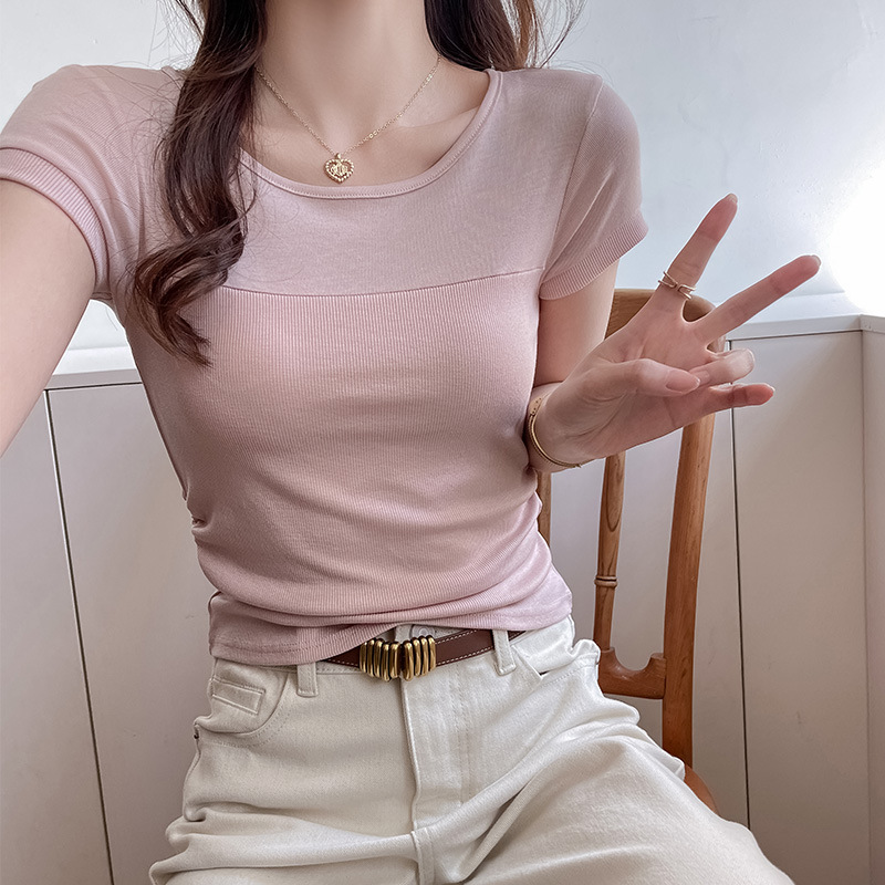 엄선된 여름 신상 솔리드 컬러 허리 디자인 니치 오른쪽 어깨 반팔 티셔츠 여성 심플 캐주얼 한국 탑