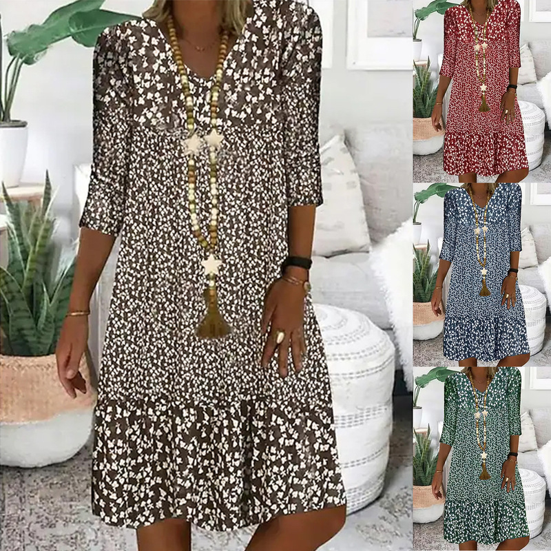 Cross-border Foreign Trade 2023 Amazon Independent Station wish Summer New Printed Mid-sleeve V-neck Mid-length Dress for Women Cross-border Foreign Trade 2023 Amazon Independent Station wish Summer New Printed Mid-sleeve V-neck Mid-length Dress for Women