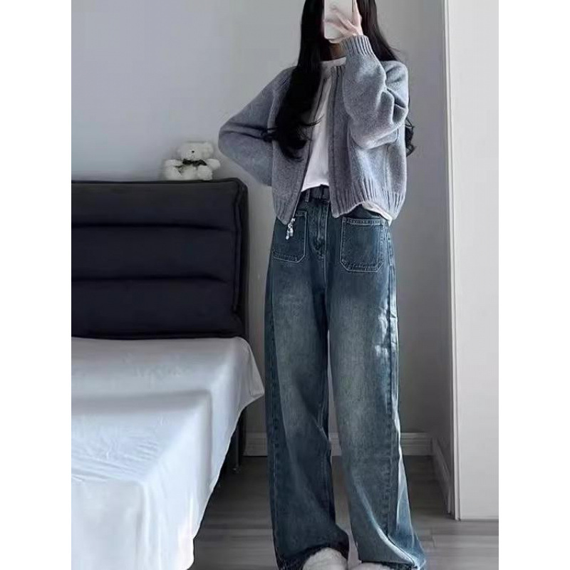 针织开衫女灰色短款2025春秋新款拉链外套小个子时尚感毛衣上衣厚|undefined