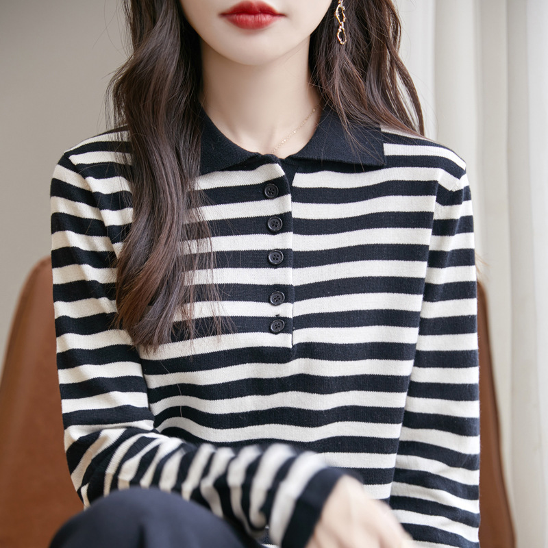 棉线POLO领条纹长袖针织衫T恤女秋季新款毛衣宽松显瘦撞色上衣|undefined