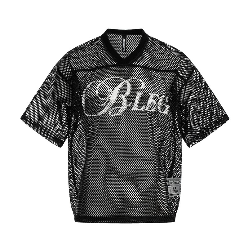 Mesh T-shirt Mit V-ausschnitt Und Buchstabenprint Unisex Sommer_voghion.com