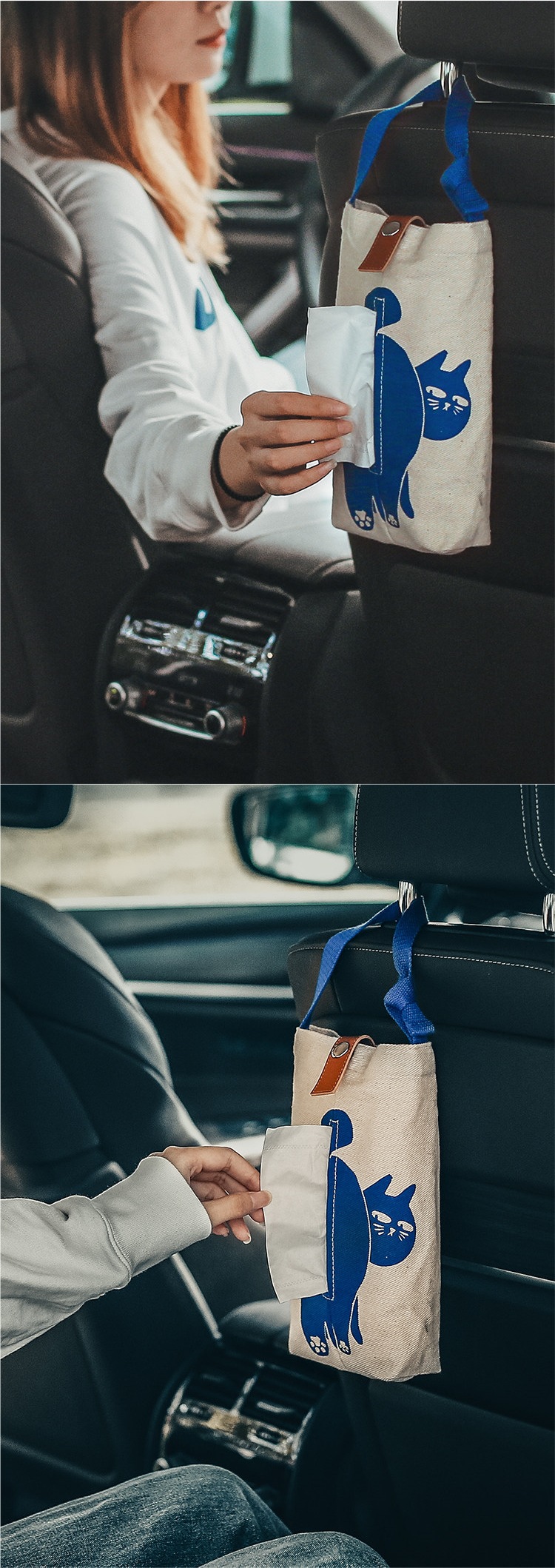 [Empty Sky Meow Meow] Car-Mounted Tissue Box, Fabric Hanging Tissue Holder for Car, Wall-Mounted Tissue Box for Car Use