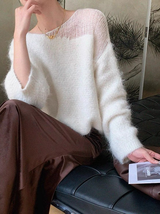 初秋冬法式半镂空毛衣女韩版设计感慵懒松弛感宽松长袖针织衫上衣|undefined